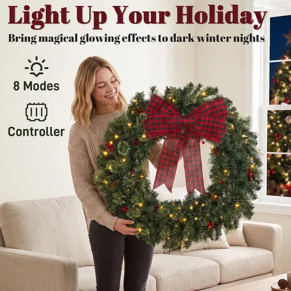 Aeelleea 36 Inch Pre-Lit Crestwood Spruce Artificial Christmas Wreath, 8 Light Modes, Buffalo Plaid Bow, Red Berries & Pine Cones Holiday Decor