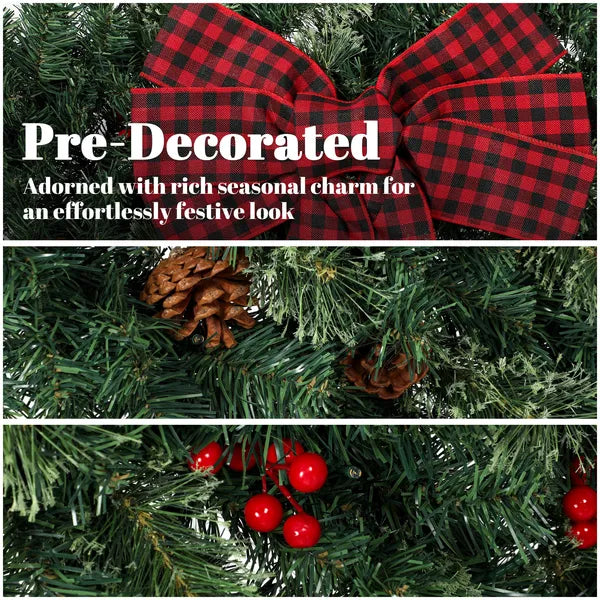 Aeelleea 36 Inch Pre-Lit Crestwood Spruce Artificial Christmas Wreath, 8 Light Modes, Buffalo Plaid Bow, Red Berries & Pine Cones Holiday Decor