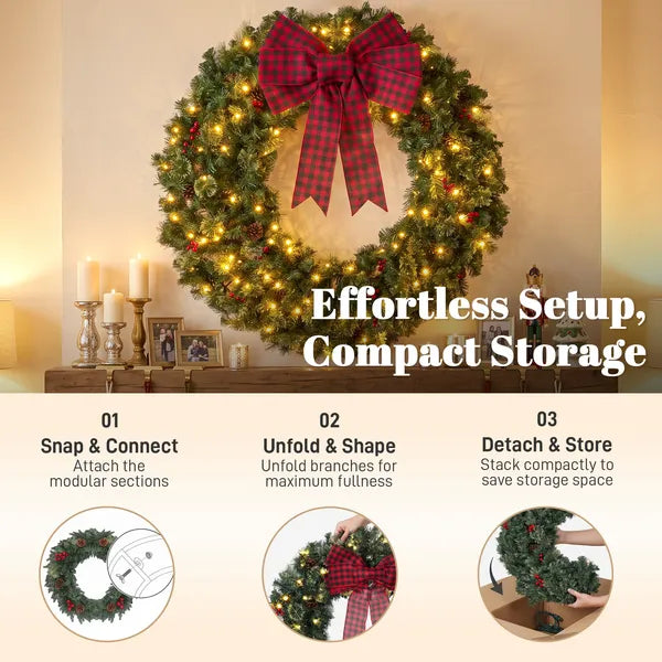 Aeelleea 36 Inch Pre-Lit Crestwood Spruce Artificial Christmas Wreath, 8 Light Modes, Buffalo Plaid Bow, Red Berries & Pine Cones Holiday Decor