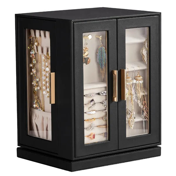 Aeelleea 360° Rotating Jewelry Box with 5 Drawers, Black Cabinet Pink Velvet Lining Jewelry Organizer for Vanity Table