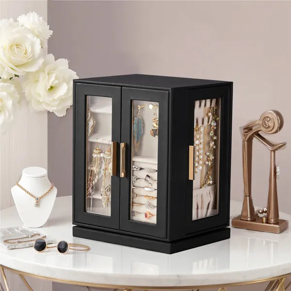 Aeelleea 360° Rotating Jewelry Box with 5 Drawers, Black Cabinet Pink Velvet Lining Jewelry Organizer for Vanity Table