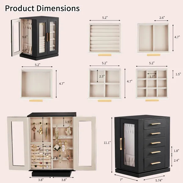 Aeelleea 360° Rotating Jewelry Box with 5 Drawers, Black Cabinet Pink Velvet Lining Jewelry Organizer for Vanity Table