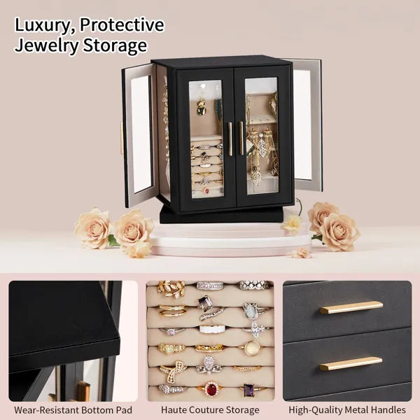 Aeelleea 360° Rotating Jewelry Box with 5 Drawers, Black Cabinet Pink Velvet Lining Jewelry Organizer for Vanity Table