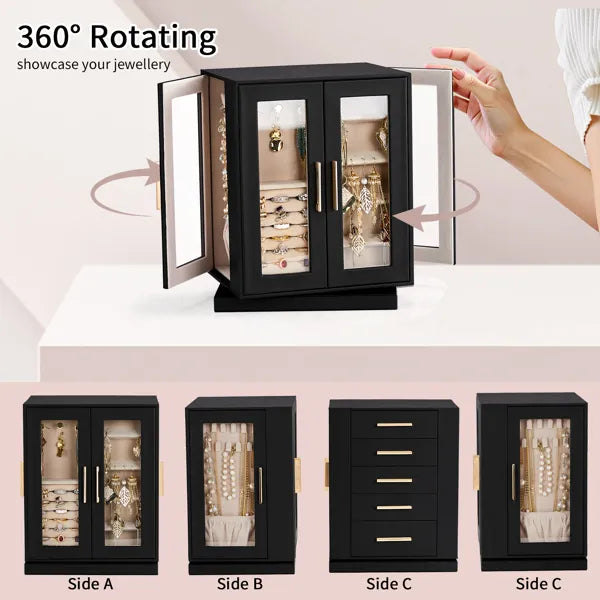 Aeelleea 360° Rotating Jewelry Box with 5 Drawers, Black Cabinet Pink Velvet Lining Jewelry Organizer for Vanity Table