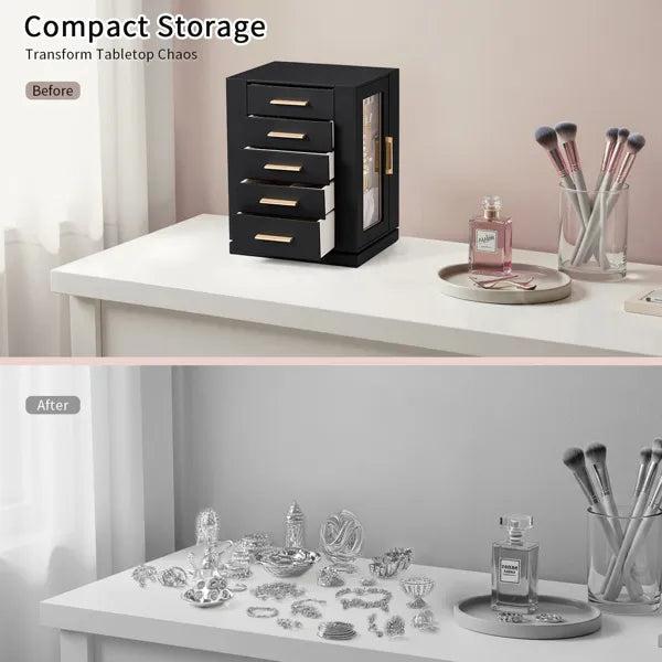 Aeelleea 360° Rotating Jewelry Box with 5 Drawers, Black Cabinet Pink Velvet Lining Jewelry Organizer for Vanity Table