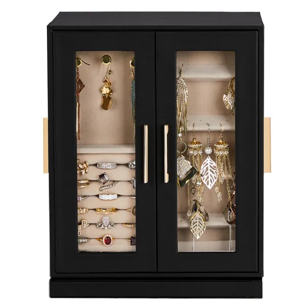 Aeelleea 360° Rotating Jewelry Box with 5 Drawers, Black Cabinet Pink Velvet Lining Jewelry Organizer for Vanity Table