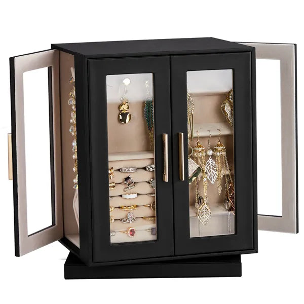 Aeelleea 360° Rotating Jewelry Box with 5 Drawers, Black Cabinet Pink Velvet Lining Jewelry Organizer for Vanity Table