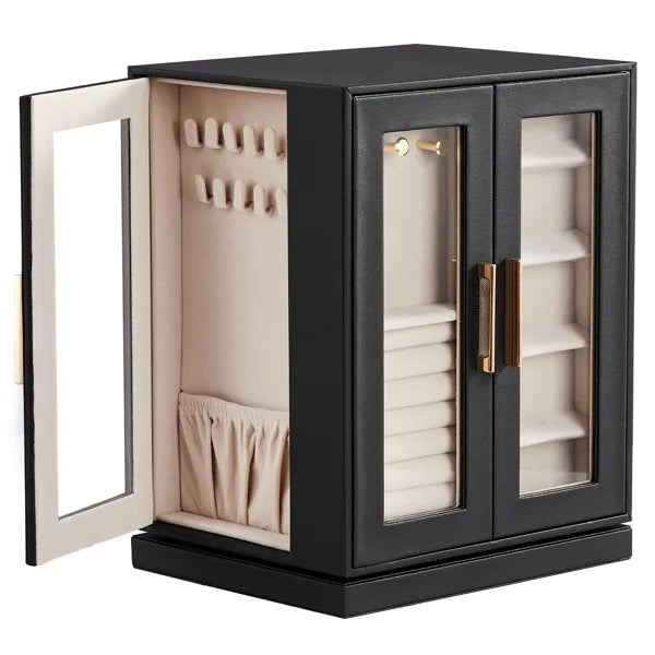 Aeelleea 360° Rotating Jewelry Box with 5 Drawers, Black Cabinet Pink Velvet Lining Jewelry Organizer for Vanity Table