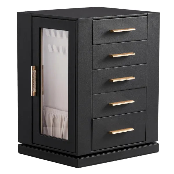 Aeelleea 360° Rotating Jewelry Box with 5 Drawers, Black Cabinet Pink Velvet Lining Jewelry Organizer for Vanity Table