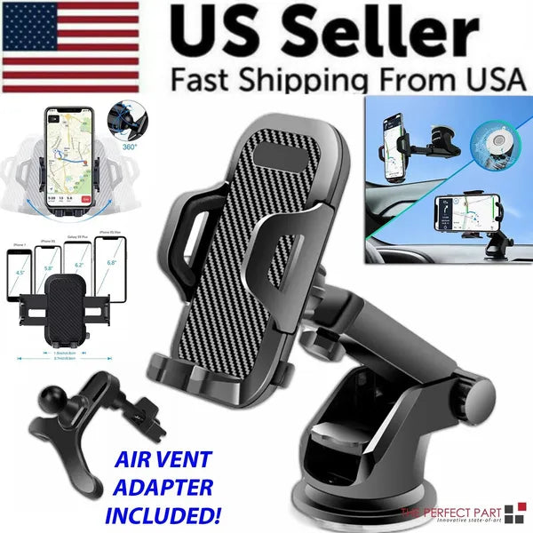 Car Phone Holder, Suction Cup & Air Vent Car Mount, 360° Rotation Universal Phone Cradle for 4‑6.5" Smartphones