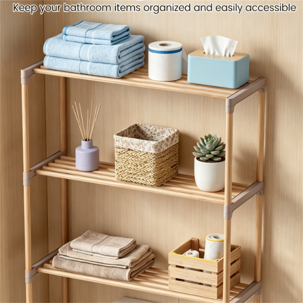 AEELLEEA 3-Tier Over-the-Toilet Storage Rack, Solid Pine Wood Bathroom Organizer Shelf, 28" W x 11" D x 58.5" H, Natural Wood