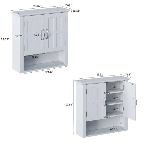 Wall Mounted Cabinet, White Storage Cabinet with Adjustable Shelves and Silver Handle, Bathroom Kitchen Organizer