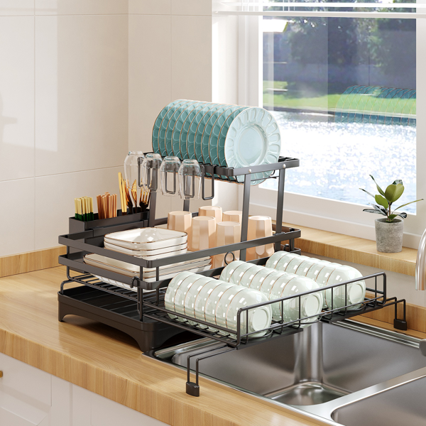 Expandable 2 Tier Dish Drying Rack with Drainboard Utensil Holder, Black Metal Over Sink Dish Drainer with Quick Dry Mat for Kitchen Countertop