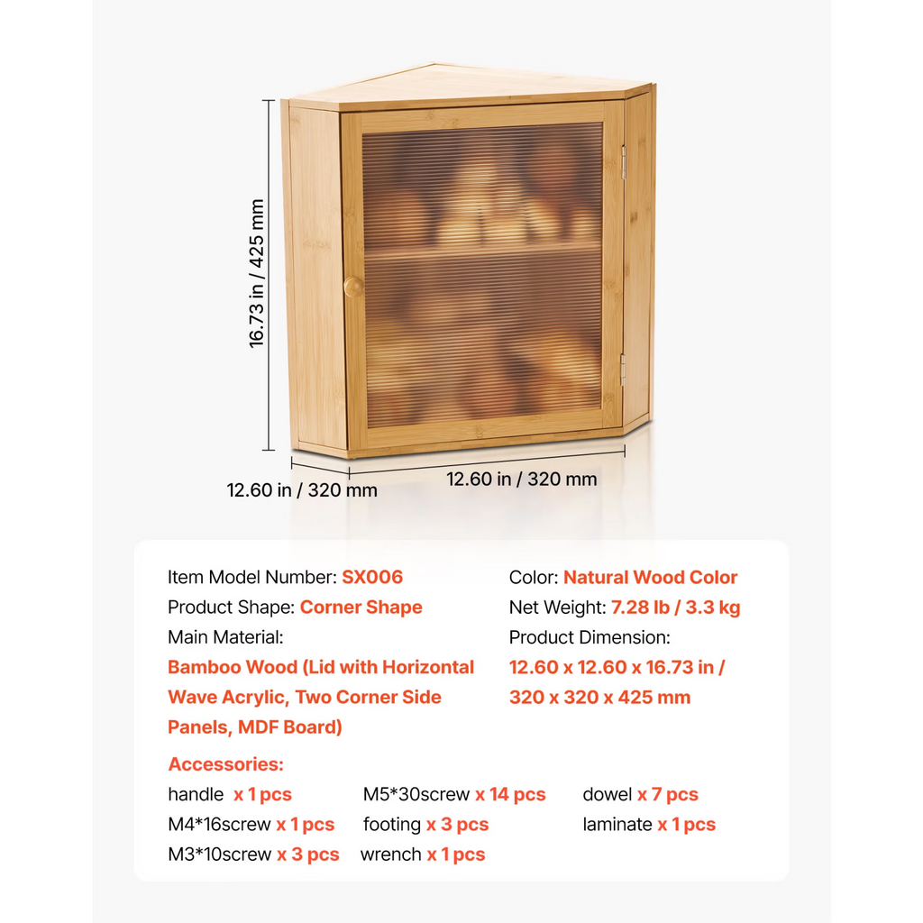 AEELLEEA Natural Bamboo Corner Bread Box for Kitchen Counter, Double Layer Storage Cabinet with Wave Acrylic Door, Adjustable Shelf