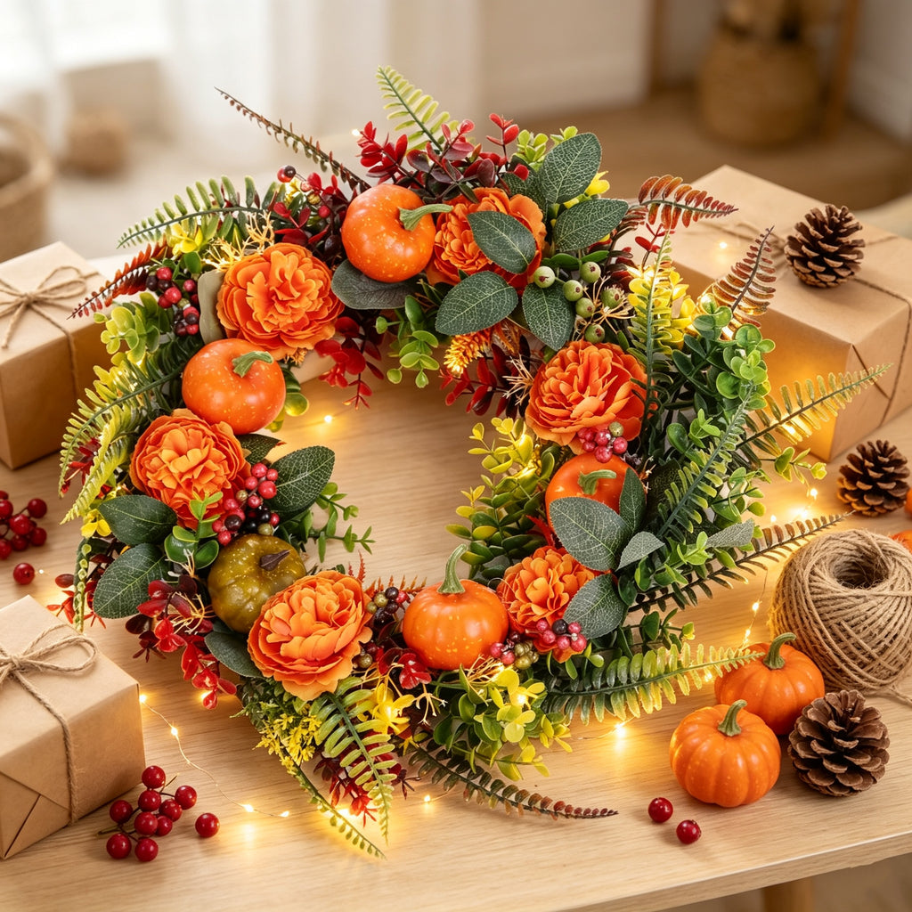 AEELLEEA-17.71 Inch Fall Artificial Wreath, PE Autumn Wreath with Pumpkins, Berries & Leaves, Hanging Ornament for Front Door Wall Thanksgiving Halloween Decor