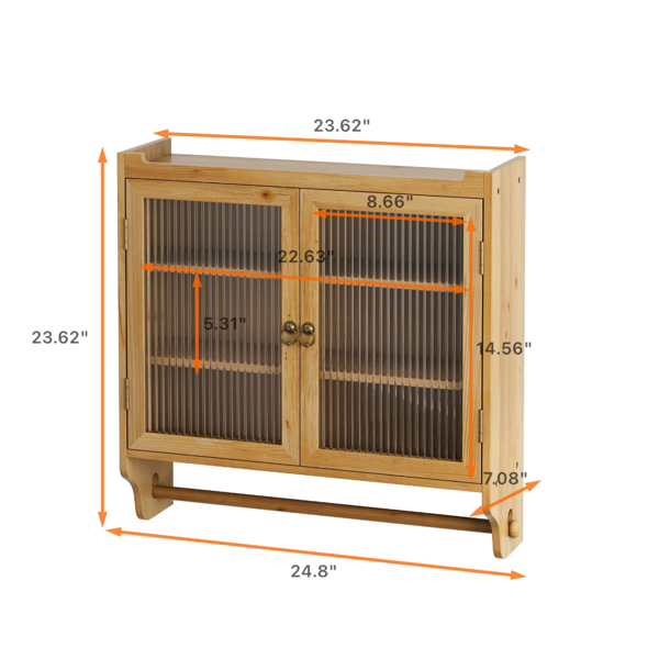 AEELLEEA Wall-Mounted Wooden Storage Cabinet with Ribbed Glass Doors, 3-Tier Shelves and Hanging Rail for Kitchen or Bathroom