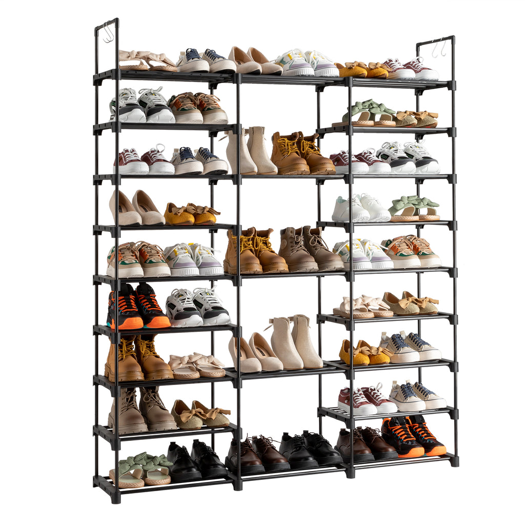 AEELLEEA- 9-Tier Freestanding Shoe Rack Organizer, Large Storage Holds 50-55 Pairs, Adjustable Height Metal Shoe Shelf with Hooks
