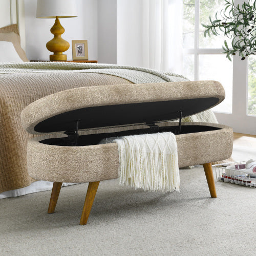AEELLEEA 43 Inch Oval Storage Ottoman Bench, Beige Textured Fabric Upholstered Bench with Wood Legs for Bedroom Entryway