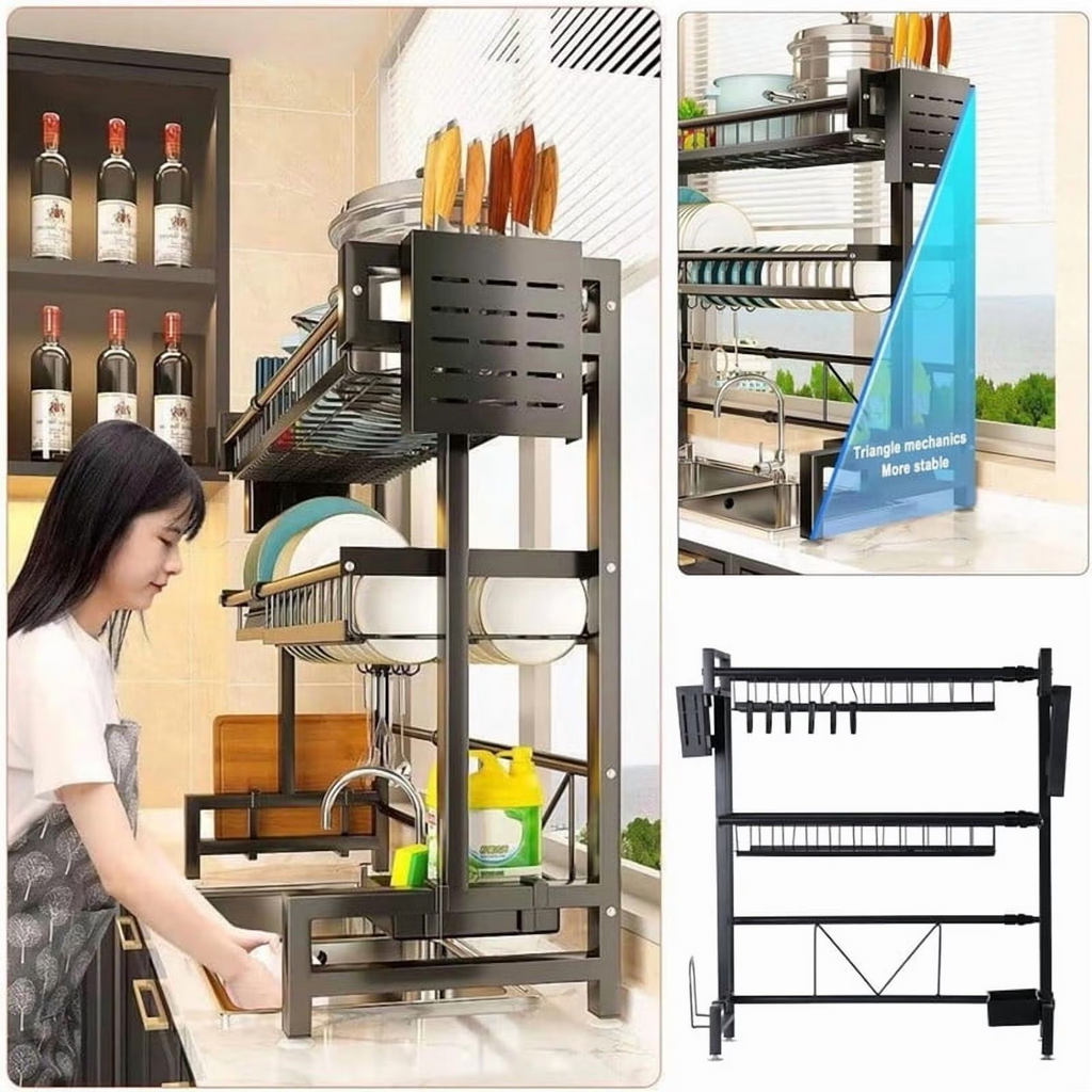AEELLEEA-Over The Sink Dish Drying Rack, Telescopic 2 Tier Large Capacity Dish Rack, Kitchen Counter Storage Shelf for Plates Bowls Pots