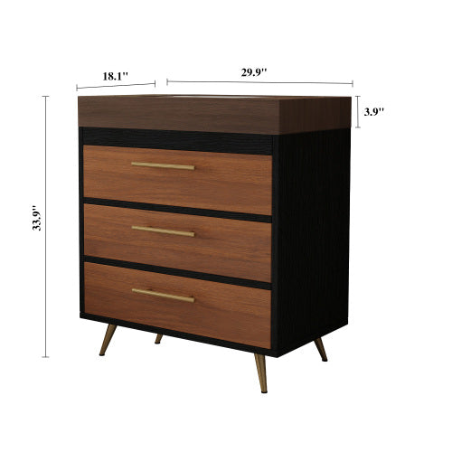 Black Walnut Bathroom Vanity with Sink, Freestanding 3-Drawer Storage Cabinet with Wood Top Gold Legs, Modern Lavatory Console