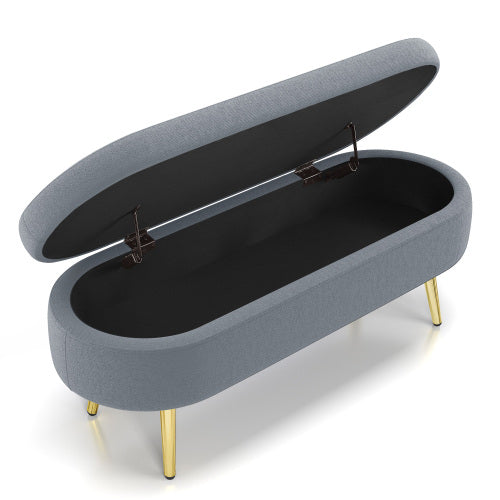 AEELLEEA 43 Inch Oval Storage Ottoman Bench, Grey Textured Fabric Bench with Gold Metal Legs for Bedroom Entryway