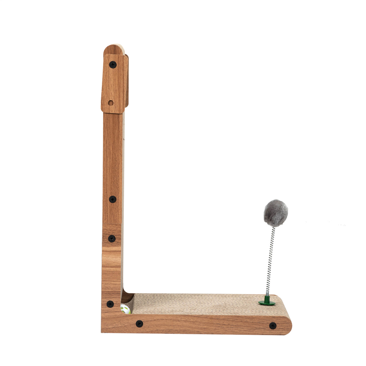 L-Shaped Cat Scratcher, Vertical Corrugated Cardboard Cat Scratching Board with Spring Plush Ball & Bell Toy, Protect Furniture Cat Scratch Pad
