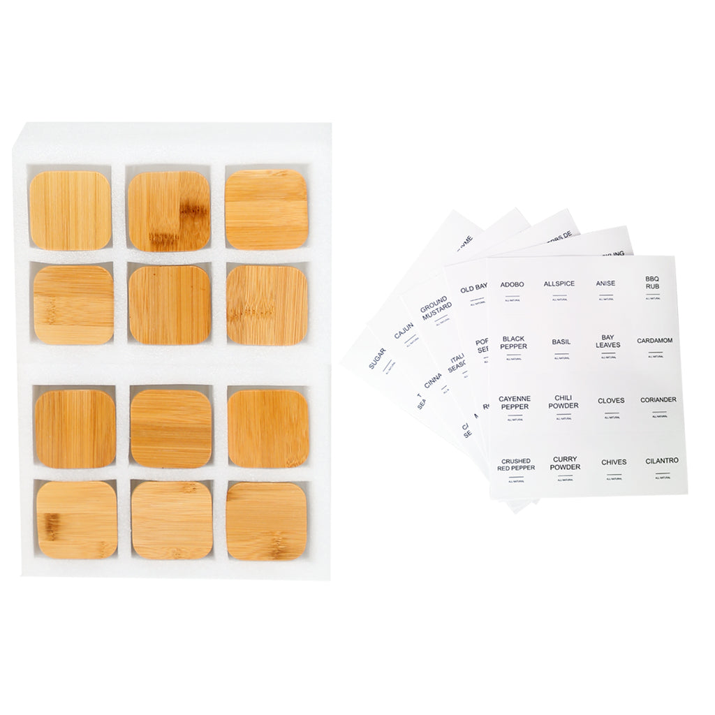12-Pack 4 oz Square Glass Spice Jars with Bamboo Lids and 70 Labels, Clear Seasoning Storage Containers