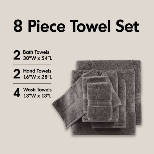 8-Piece Ultra-Soft 100% Cotton Absorbent Towel Set, Charcoal