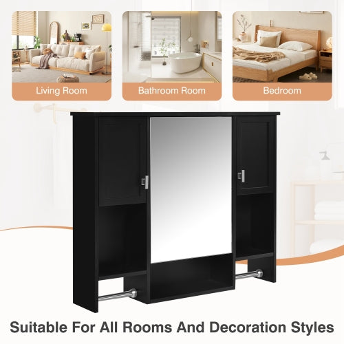 35" Black Wall Mounted Bathroom Mirror Cabinet, Bathroom Storage with Towel Bar Doors Adjustable Shelves, Medicine Cabinet for Bathroom Living Room