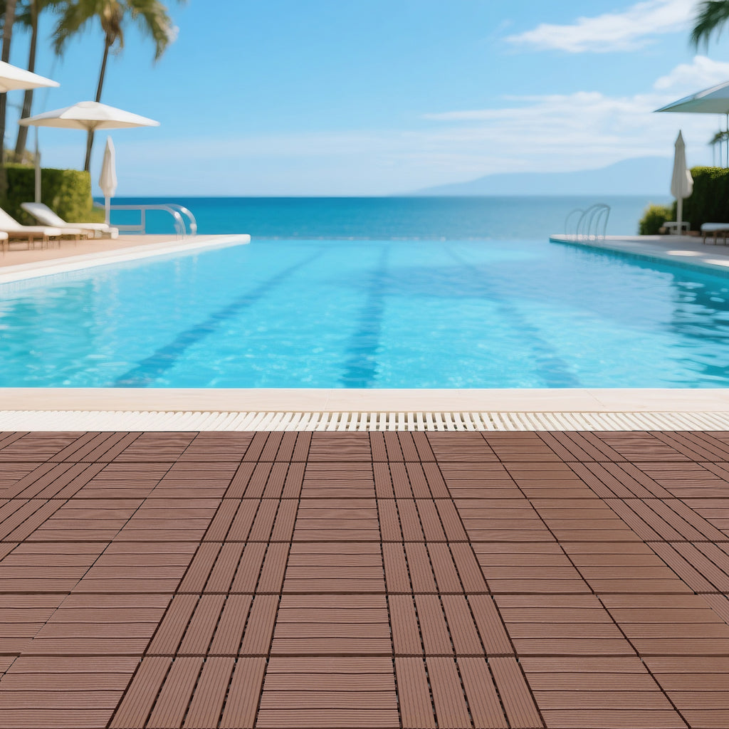 AEELLEEA 12 Inch Brown PP Interlocking Deck Tiles, 44 Pack Waterproof Patio Flooring Tiles, Non-Slip Drainage Outdoor Decking for Backyard Poolside Balcony