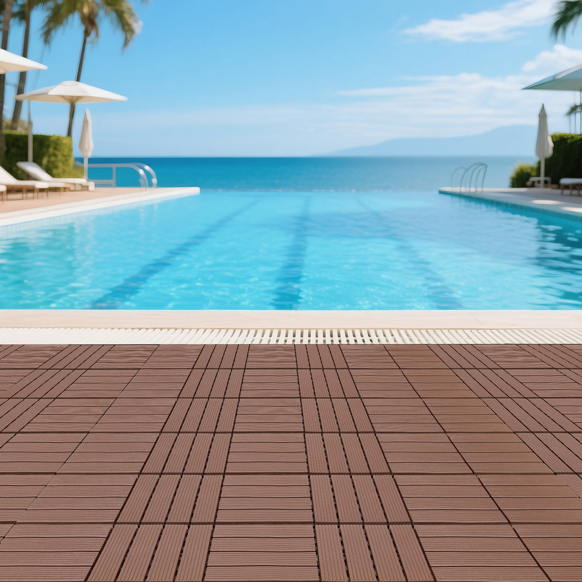AEELLEEA 12 Inch Brown PP Interlocking Deck Tiles, 44 Pack Waterproof Patio Flooring Tiles, Non-Slip Drainage Outdoor Decking for Backyard Poolside Balcony