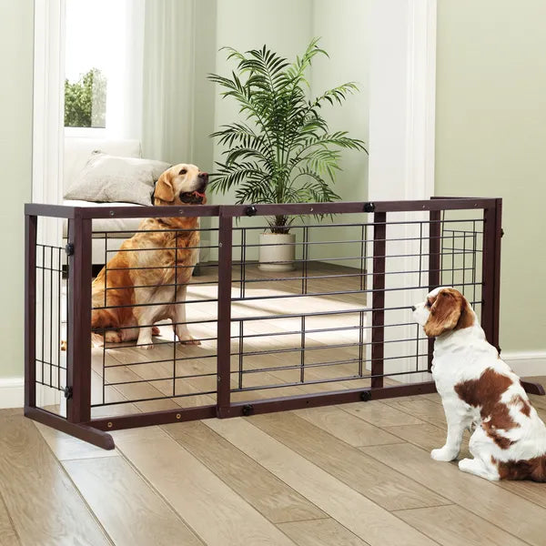 Aeelleea 38"-71" Adjustable Wooden Pet Gate, Freestanding Indoor Dog Fence for Doorways & Stairs, Deep Brown