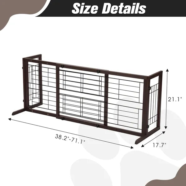 Aeelleea 38"-71" Adjustable Wooden Pet Gate, Freestanding Indoor Dog Fence for Doorways & Stairs, Deep Brown
