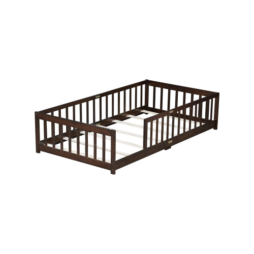 AEELLEEA Twin Size Montessori Floor Bed with Guardrails, Wooden Kids Bed Frame with Slats and Low Entry, Dark Brown