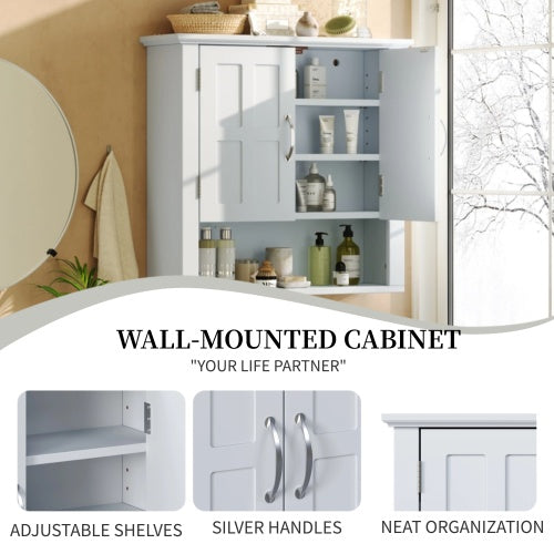 Wall Mounted Cabinet, White Storage Cabinet with Adjustable Shelves and Silver Handle, Bathroom Kitchen Organizer