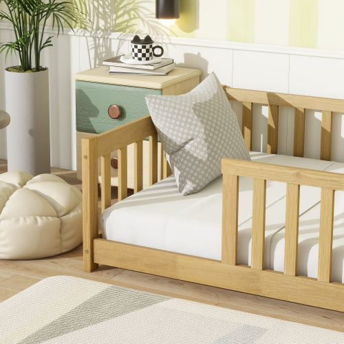 AEELLEEA Twin Size Montessori Floor Bed with Guardrails, Wooden Kids Bed Frame with Low Entry and Slats, Natural Wood