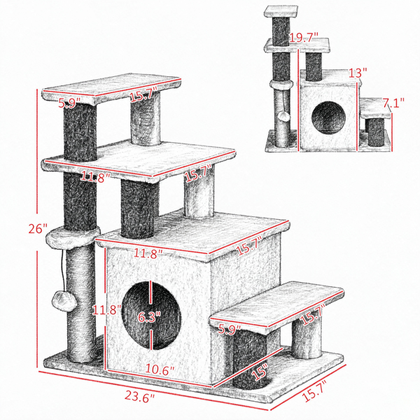 Cat Tree Cat Tower 26 Inch, Multi Level Gray Cat Tree with Condo Scratching Post, Plush Cat Tower with Hanging Toy for Indoor Cats