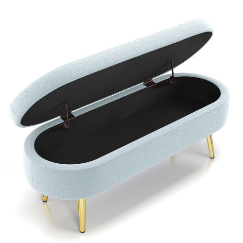 AEELLEEA 43 Inch Oval Storage Ottoman Bench, Light Blue Textured Fabric Bench with Gold Metal Legs for Bedroom Entryway