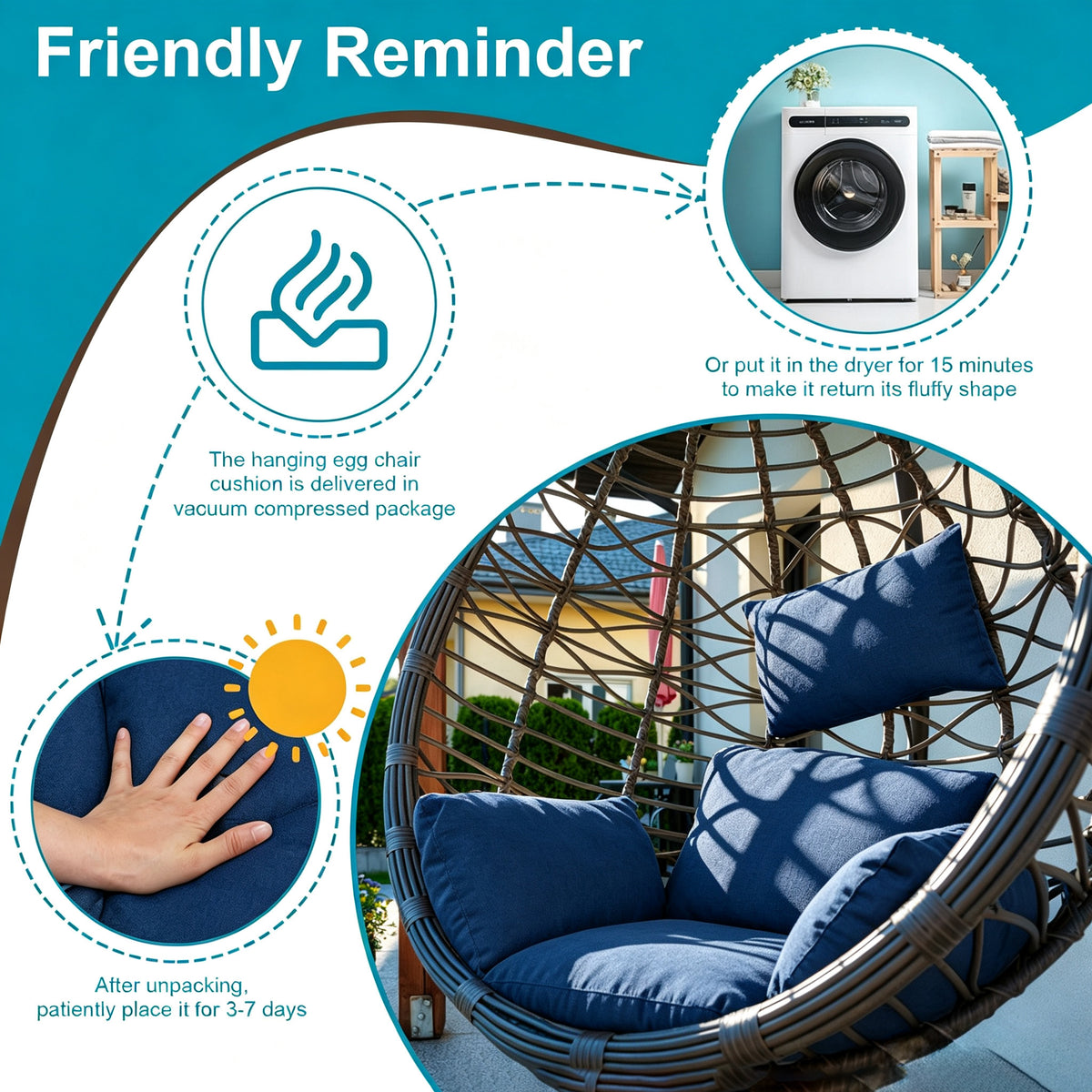 Hanging Egg Chair Cushion with Head Pillow, Thick Hollow Cotton Replacement Pad, Removable Washable Polyester Cover for Indoor Outdoor Wicker Swing Chair