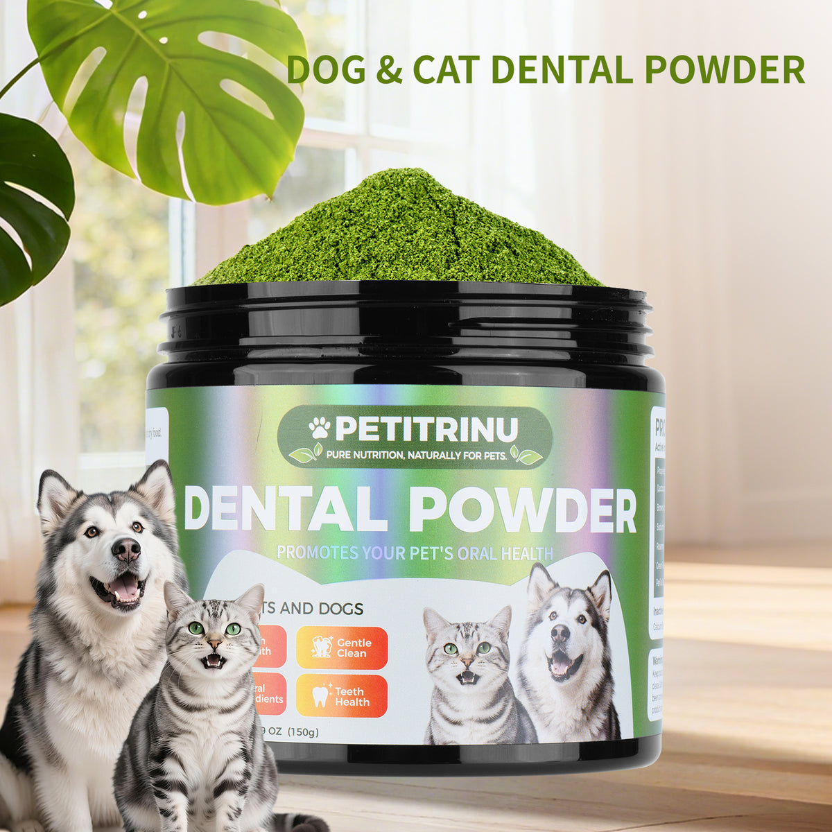 PETITRINU Dental Powder for Cats & Dogs, 5.29 oz - Natural Plaque & Tartar Control, Fresh Breath Freshener, Just Mix into Food