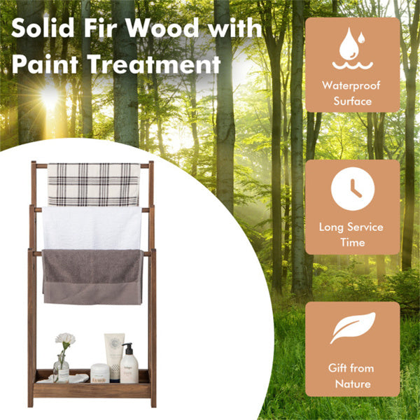 Towel Rack Stand 3 Tier, Brown Solid Wood Freestanding Towel Ladder with Shelf, Anti Toppling Towel Rack for Bathroom Laundry