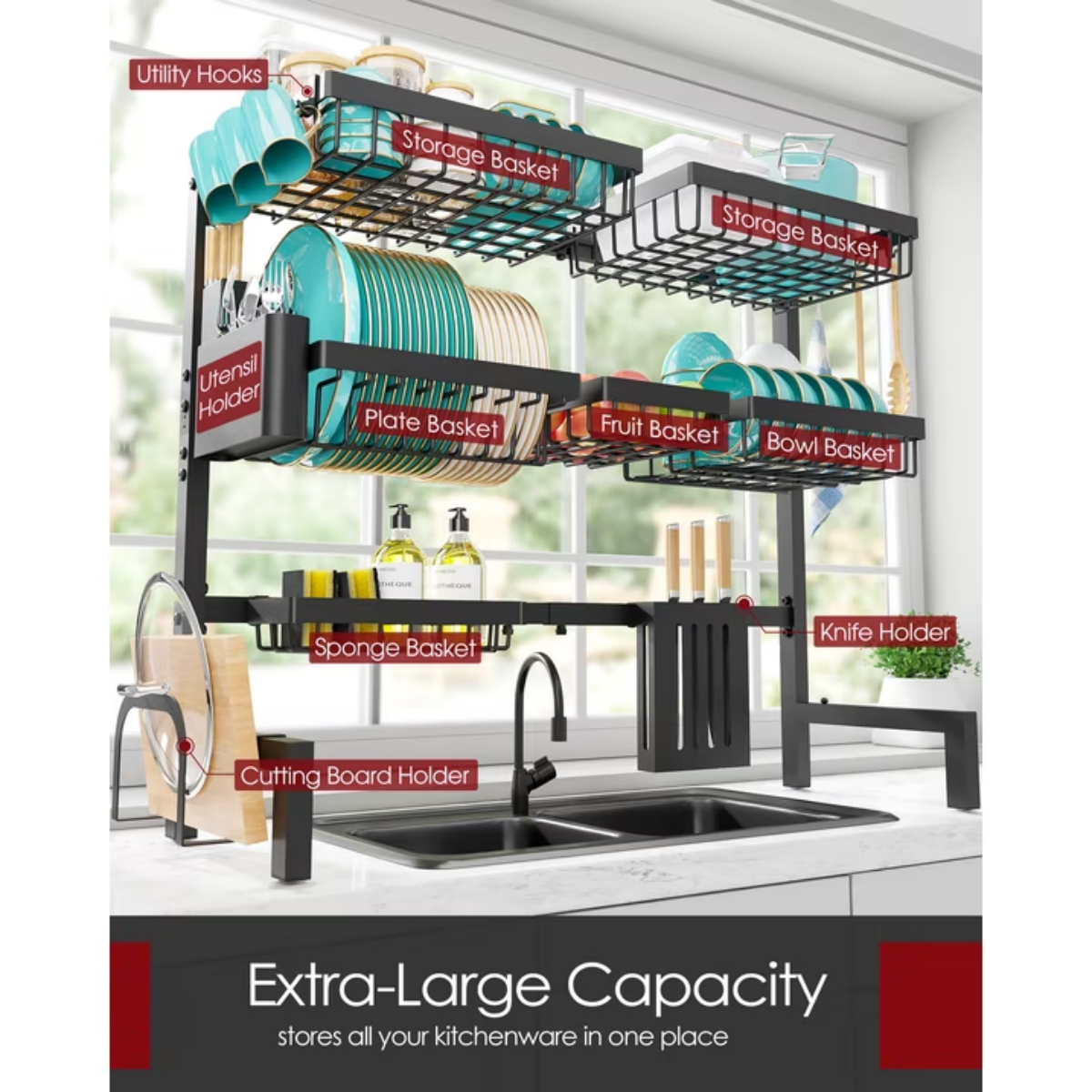 AEELLEEA Over The Sink Dish Drying Rack, Expandable 31"-39" 304 Stainless Steel Large Dish Drainer for Kitchen Counter, Black