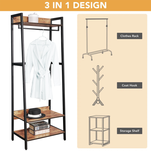 AEELLEEA Industrial Clothing Rack with 2 Storage Shelves, Hanging Rod, Adjustable Feet, Rustic Brown and Black, 66.5 in