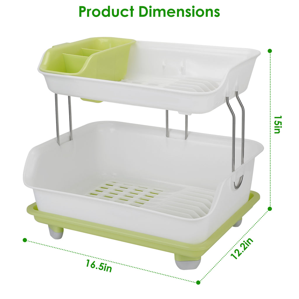 AEELLEEA 2-Tier Dish Drying Rack, Countertop PP Dish Rack with Automatic Drainage, Stainless Steel Support & Cutlery Holder for Kitchen