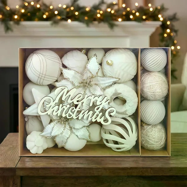 AEELLEEA-38Pcs White Velvet Christmas Ornament Set, Assorted Shatterproof Hanging Decorations with Balls, Snowflakes