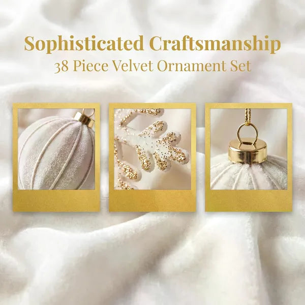 AEELLEEA-38Pcs White Velvet Christmas Ornament Set, Assorted Shatterproof Hanging Decorations with Balls, Snowflakes