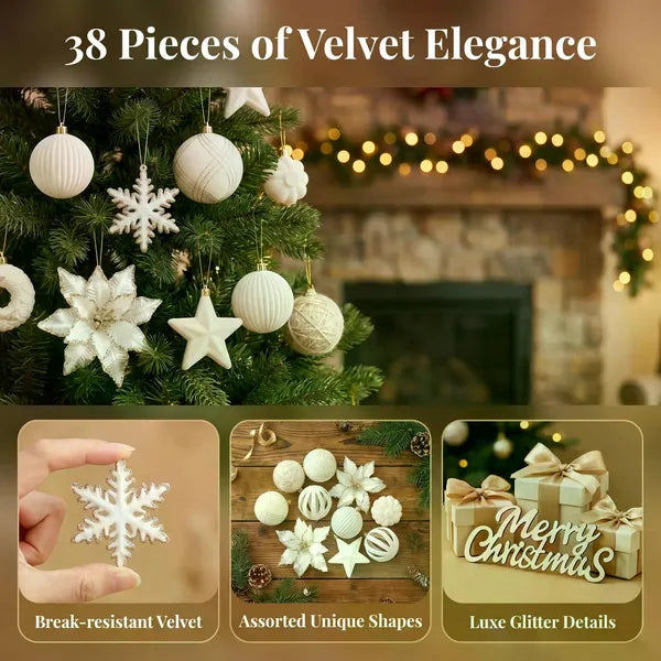 AEELLEEA-38Pcs White Velvet Christmas Ornament Set, Assorted Shatterproof Hanging Decorations with Balls, Snowflakes