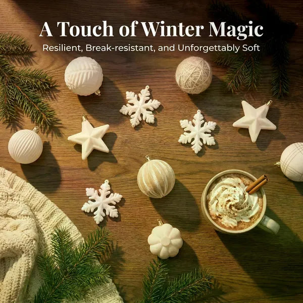 AEELLEEA-38Pcs White Velvet Christmas Ornament Set, Assorted Shatterproof Hanging Decorations with Balls, Snowflakes