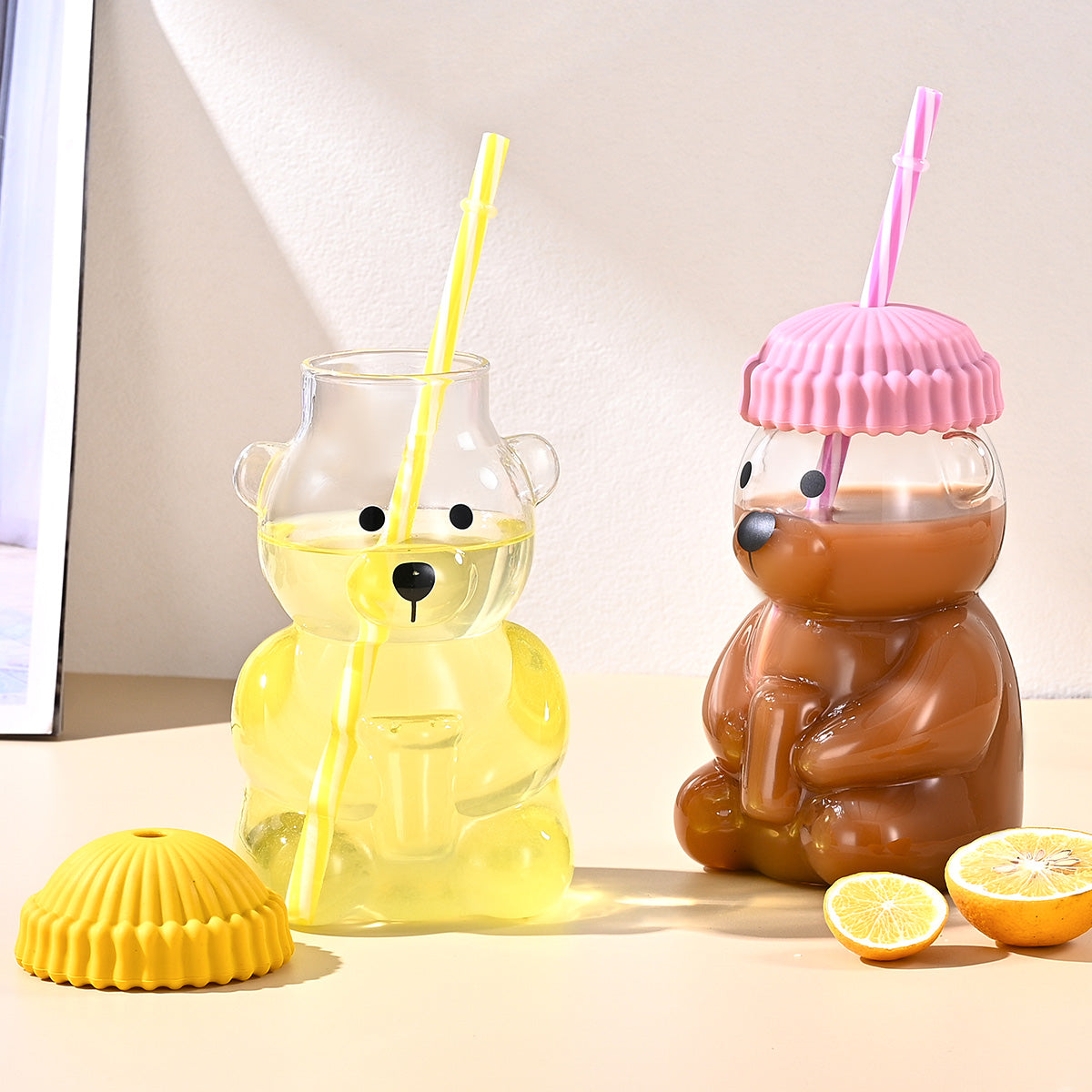 Bear-Shaped Plastic Tumbler with Lid and Reusable Straw, 16.9 fl oz, Clear and Pink