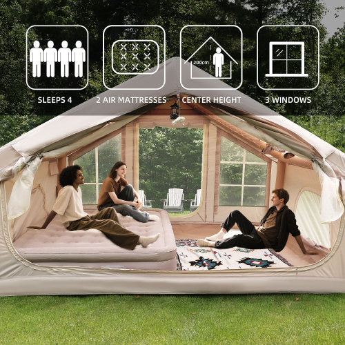 Inflatable Camping Tent 4 Person, Pop Up Air Tent 118 x 83 x 79 in with Awning, Family Camping Tent with Pump, Outdoor Waterproof